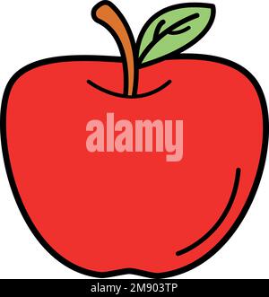 Vettore libero. Illustrazione di un frutto di mela rosso con colore. Disegno di cartone animato, icona di mela. Sfondo bianco con contorno nero. Illustrazione Vettoriale
