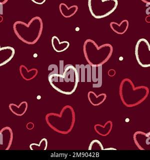 Motivo senza cuciture con cuori e punti. Piccoli e grandi cuori bianchi e rosa formano linee su sfondo rosso Foto Stock