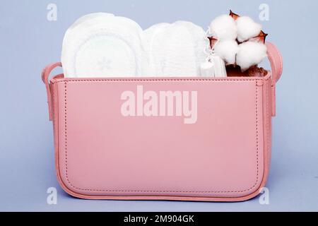 tamponi, mutandine igieniche, tamponi sanitari femminili in una borsa cosmetica rosa da donna su sfondo viola. concetto di igiene e di assistenza sanitaria per le donne Foto Stock