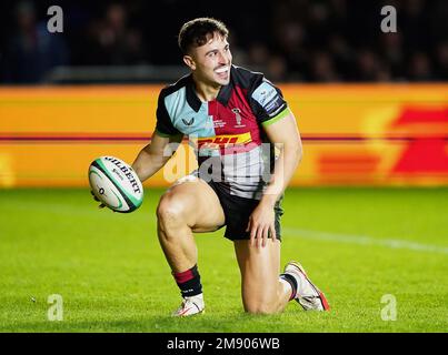 Foto del file datata 17-11-2022 del Cadan Murley di Harlequins. Per la prima volta è presente il rookie fly-half fin Smith di Northampton, che fornisce copertura a Owen Farrell e Marcus Smith, mentre Ollie Hassell-Collins, George McGuigan, Cadan Murley e Jack Walker sono gli altri giocatori senza copertura. Data di emissione: Lunedì 16 gennaio 2023. Foto Stock