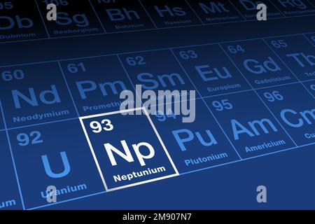 Neptunio su tavola periodica degli elementi. Elemento metallico radioattivo nella serie di attinidi con numero atomico 93 e simbolo NP. Foto Stock