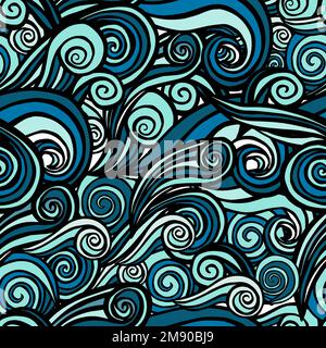Schema di schizzo delle onde del mare. Ocean surf wave disegno a mano senza cuciture pattern vettoriale illustrazione Illustrazione Vettoriale