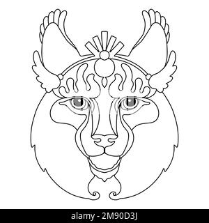 Testa con design a groviglio lynx. Illustrazione del vettore di doodle disegnata a mano. Modello con forme semplici per creare una colorazione decorativa complessa. Testa animale fr Illustrazione Vettoriale