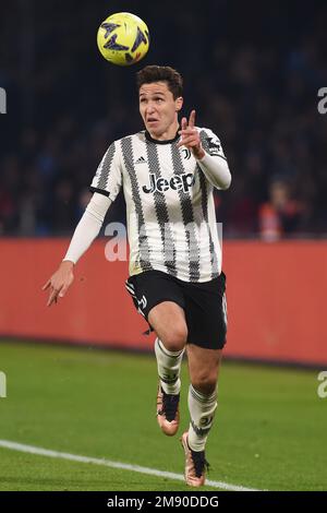 Napoli, Italia. 13 Jan, 2023. Federico Chiesa della Juventus FC durante la Serie Un incontro tra SSC Napoli e Juventus FC allo Stadio Diego Armando Marado Foto Stock