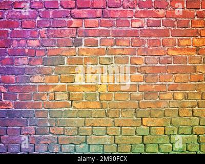 parete in mattoni colorati, muratura multicolore. sfondo arcobaleno Foto Stock