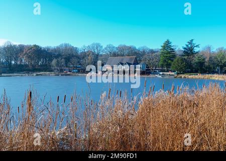 Caffè sul lago seduto sul lato di un lago ghiacciato. Llandrindod Wells Powys Wales UK. Dicembre 2022 Foto Stock