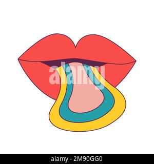 Labbra di cartoni animati rossi con lingua arcobaleno sporgente. Retro groovy 1970 stile, hippie annata nostalgica icona. Per adesivi poster. Illusittrazione vettoriale. Illustrazione Vettoriale