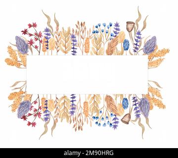 Wreath Illustration.Watercolor fiori prato cornice, Erbe secche clip art, Fiori campo d'epoca, Erbario, Weddin Foto Stock