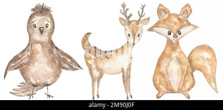 Acquerello disegnata a mano clipart di animali del bambino. Illustrazione di animali del bosco, cervi della foresta, volpe piccola, arte della clip del passero, arte della parete dei capretti, acquazzone del bambino, nascita Foto Stock