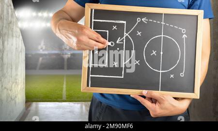 mano di un allenatore di calcio che disegna una tattica di gioco di calcio con gesso bianco sulla lavagna al tunnel dell'arena Foto Stock