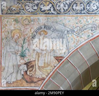 LUCERNA, SVIZZERA - JUNY 24, 2022: L'affresco medievale dell'Annunciazione nella chiesa Franziskanerkirche (1430). Foto Stock