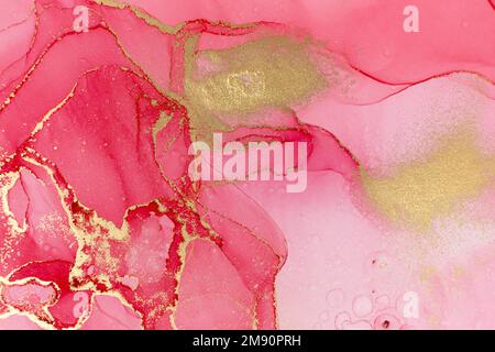 Acquerello onde rosse, gocce e Swirls con strati dorati Foto Stock