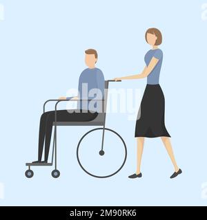 Donna che aiuta la persona con disabilità in sedia a rotelle. Illustrazione vettoriale. Illustrazione Vettoriale