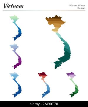 Serie di mappe vettoriali del Vietnam. Design dalle onde vibranti. Mappa luminosa del paese in stile geometrico con curve lisce. Illustrazione Vettoriale