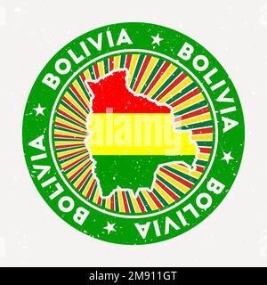 Bollo rotondo della Bolivia. Logo del paese con bandiera. Badge vintage con testo circolare e stelle, illustrazione vettoriale. Illustrazione Vettoriale