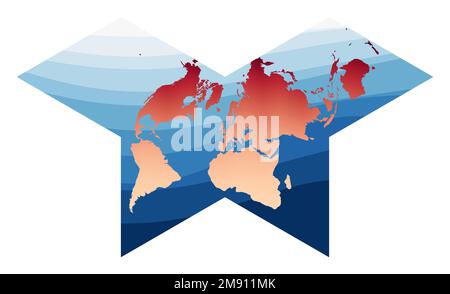 Vettore mappa mondiale. Proiezione farfalla Collignon. Mondo in gradiente rosso arancio sulle onde blu profonde dell'oceano. Illustrazione del vettore radiante. Illustrazione Vettoriale