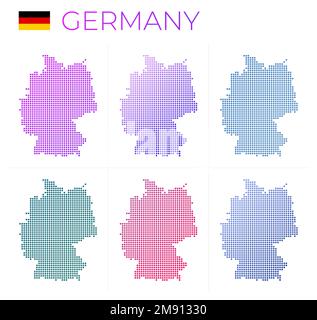 Serie di mappe punteggiate per la Germania. Mappa della Germania in stile punteggiato. Confini del paese riempito di bei cerchi sfumati. Vettore moderno illustrati Illustrazione Vettoriale