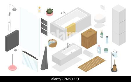 Arredamento bagno - moderno vettore colorato illustrazioni isometriche Illustrazione Vettoriale