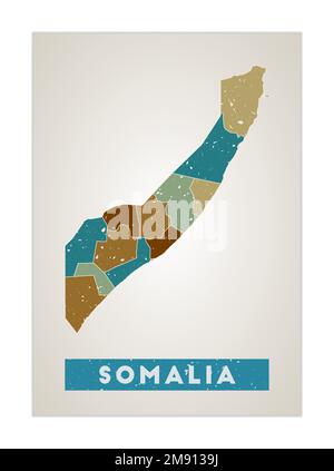 Mappa della Somalia. Poster del paese con le regioni. Vecchio grunge texture. Forma della Somalia con il nome del paese. Illustrazione vettoriale moderna. Illustrazione Vettoriale