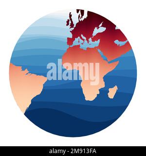 Vettoriale della mappa del mondo. Proiezione gnomonica. Mondo in rosso-arancione sfumatura sulle profonde onde blu dell'oceano. Elegante illustrazione vettoriale. Illustrazione Vettoriale