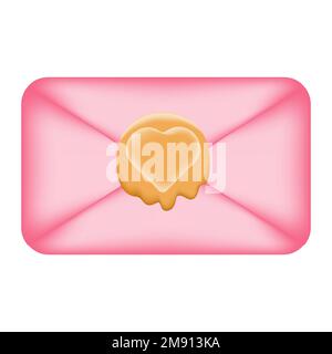 Busta rosa con messaggio d'amore. Busta postale sigillata con cera sigillante isolata su sfondo bianco. Illustrazione del vettore Letter. Illustrazione Vettoriale