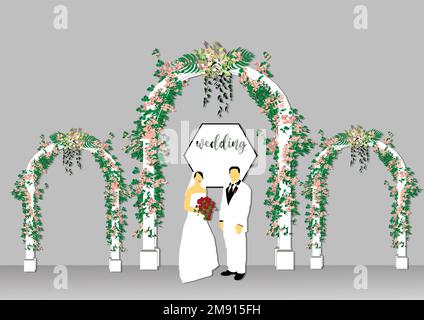 Coppia appena sposata caratteri senza volto vettoriali a colori piatti. Decorazione floreale rustica. Scopa e sposa. Porta di fiori. Cerimonia di matrimonio isolato cartone animato Illustrazione Vettoriale