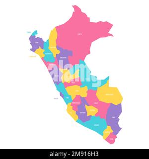 Perù mappa politica delle divisioni amministrative - dipartimenti. Mappa vettoriale colorata con etichette. Illustrazione Vettoriale