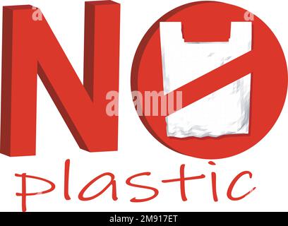 Dire no alla plastica, problema di inquinamento della plastica, poster eco banner composto da sacchetti di plastica bianca rifiuti, bottiglie e mani su sfondo blu. Illustrazione Vettoriale