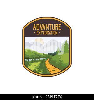 Modello, badge o emblema vintage con logo Adventure e Mountain Outdoor in stile Pro Vector. Mountain Logo Outdoor Adventure, Badges, Banner, Emblem Pro Illustrazione Vettoriale