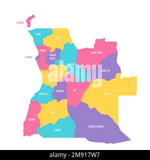 Angola mappa politica delle divisioni amministrative - province. Mappa vettoriale colorata con etichette. Illustrazione Vettoriale