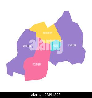 Rwanda mappa politica delle divisioni amministrative - province. Mappa vettoriale colorata con etichette. Illustrazione Vettoriale