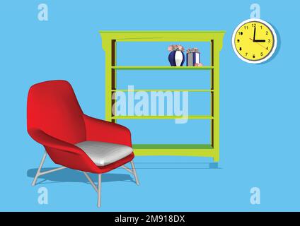Design interno di uno spazio di lavoro. Luogo di lavoro del lavoratore dell'ufficio. Sulla foto il desktop, le sedie, il computer, le cartelle, una lampada e altri oggetti. Illustrazione Vettoriale