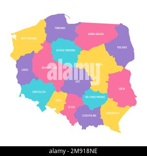 Polonia carta politica delle divisioni amministrative - voivodeships. Mappa vettoriale colorata con etichette. Illustrazione Vettoriale