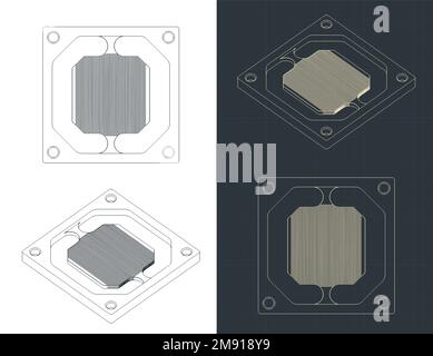 Illustrazioni vettoriali stilizzate di progetti della base del blocco di raffreddamento ad acqua della CPU con microcanali Illustrazione Vettoriale