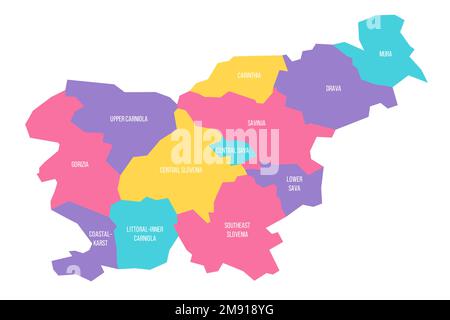 Slovenia carta politica delle divisioni amministrative - regioni statistiche. Mappa vettoriale colorata con etichette. Illustrazione Vettoriale