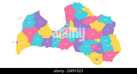 Lettonia carta politica delle divisioni amministrative - comuni e città. Mappa vettoriale colorata con etichette. Illustrazione Vettoriale