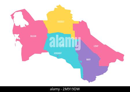 Turkmenistan Mappa politica delle divisioni amministrative - regioni e capoluogo distretto di Ashgabat. Mappa vettoriale colorata con etichette. Illustrazione Vettoriale