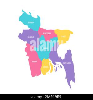 Bangladesh mappa politica delle divisioni amministrative - divisioni. Mappa vettoriale colorata con etichette. Illustrazione Vettoriale