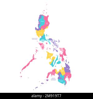 Filippine mappa politica delle divisioni amministrative - regioni. Mappa vettoriale colorata con etichette. Illustrazione Vettoriale