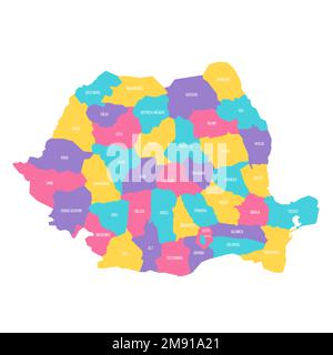 Romania carta politica delle divisioni amministrative - contee e comune autonomo di Bucarest. Mappa vettoriale colorata con etichette. Illustrazione Vettoriale