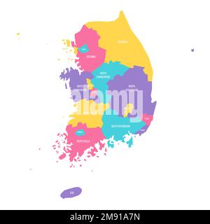 Corea del Sud mappa politica delle divisioni amministrative - province, città metropolitane, città speciale di Seolu e città speciali auto-governanti di Sejong. Mappa vettoriale colorata con etichette. Illustrazione Vettoriale