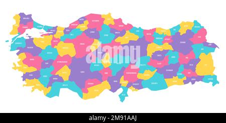 Turchia mappa politica delle divisioni amministrative - province. Mappa vettoriale colorata con etichette. Illustrazione Vettoriale