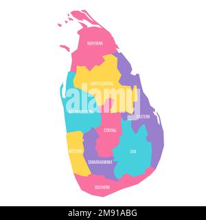 Sri Lanka carta politica delle divisioni amministrative - province. Mappa vettoriale colorata con etichette. Illustrazione Vettoriale