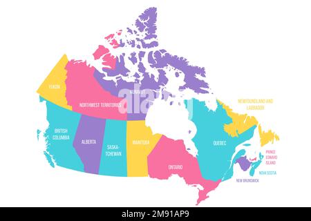 Canada carta politica delle divisioni amministrative - province e territori. Mappa vettoriale colorata con etichette. Illustrazione Vettoriale