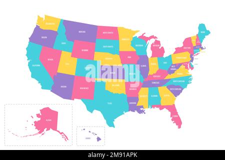 Mappa politica degli Stati Uniti d'America delle divisioni amministrative - stati e distretto federale Washington, D.C. Mappa vettoriale colorata con etichette. Illustrazione Vettoriale