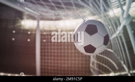 Primo piano di una palla di calcio che segna un gol Foto Stock