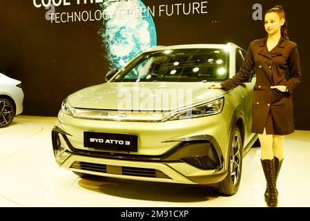 GREATER NOIDA, INDIA - 13 GENNAIO 2023: BYD atto 3 auto è in mostra al Auto Expo 2023 auto show a India Expo Mart, Greater Noida in India. Foto Stock