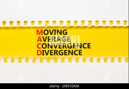 Simbolo MACD. Concetto parole MACD Moving Average Convergence divergenza su carta gialla su sfondo bianco bello. Business MACD Moving Average conv Foto Stock