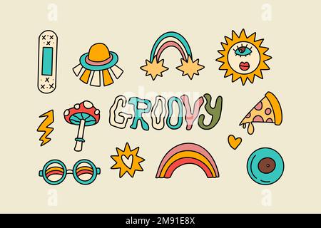 Retro vintage 70s 80s groovy set elemento, carino funky hippy adesivo vettore collezione, estate fiore cartone animato arte hippie illustrazione. Illustrazione Vettoriale