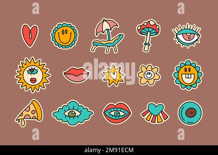 Retro vintage 70s 80s groovy set elemento, carino funky hippy adesivo vettore collezione, estate fiore cartone animato arte hippie illustrazione. Illustrazione Vettoriale